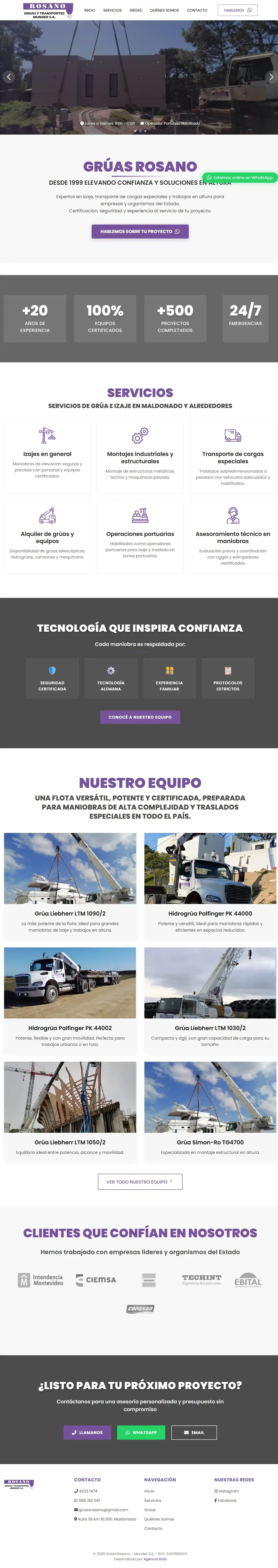 Pagina web para Gruas Rosano - Servicios de izaje en Uruguay